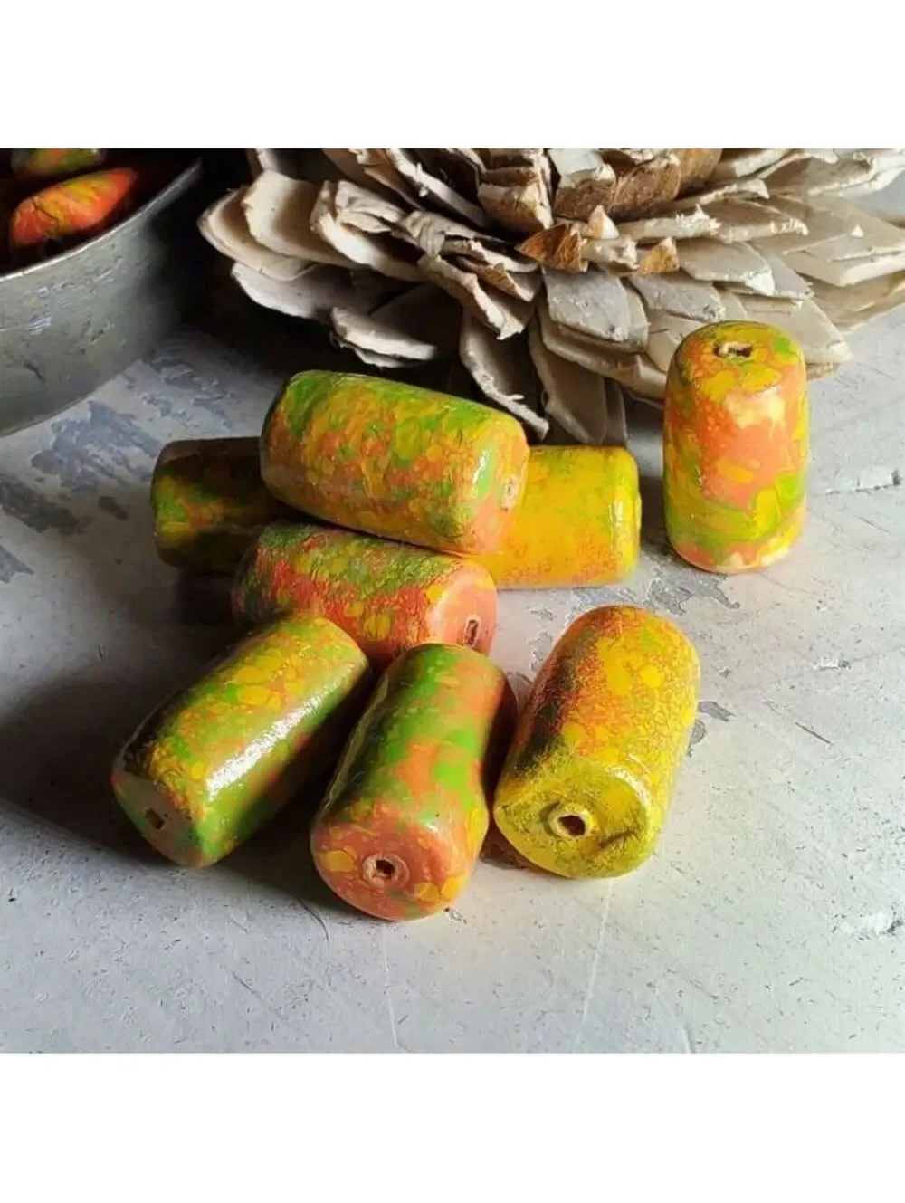 Japanese Mottled Decoupage Beads Vintage Coral Pink Cream Green 22mm Tube 4pcs